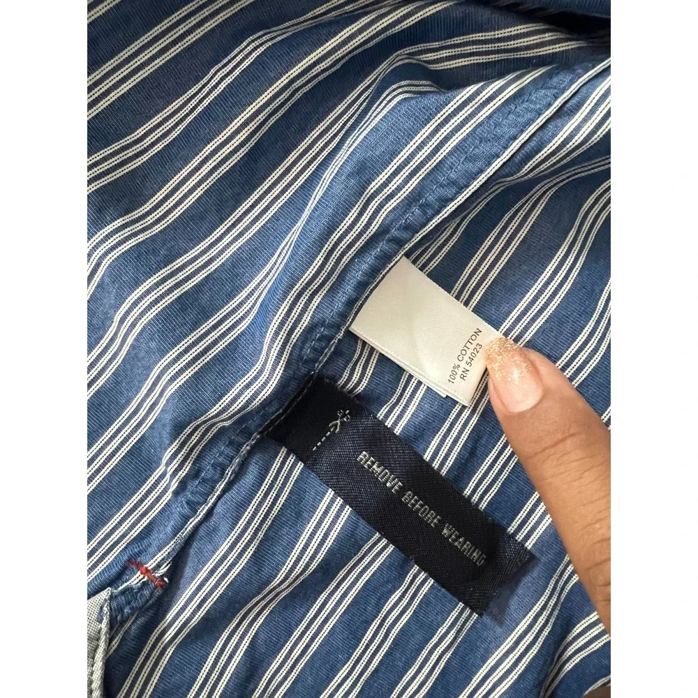Banana Republic Pearl Snap Shirt Western Mens Size L Slim Fit Blue White Striped